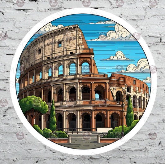A flat, isolated vinyl sticker featuring a vibrant pop art illustration of the historic Rome Colosseum architectural landmark with bold outlines and a colorful, modern sky gradient.