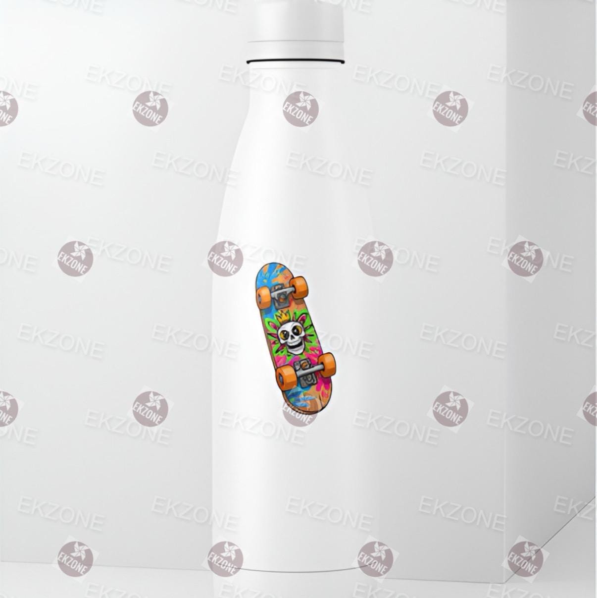 Colorful skateboard design on a white water bottle.