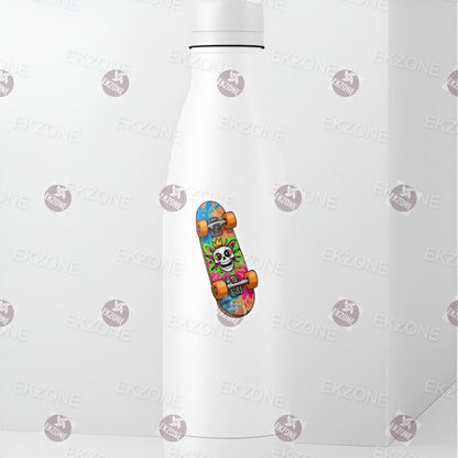 Colorful skateboard design on a white water bottle.