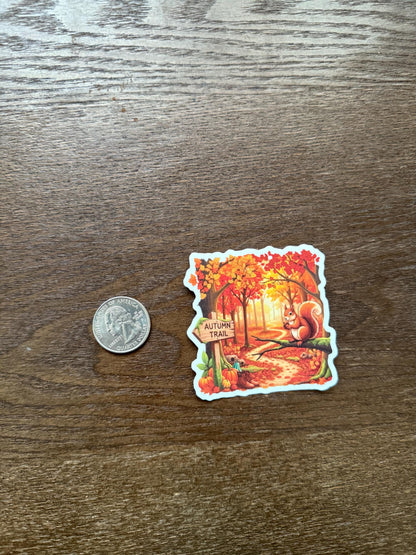 Autumn Trail Sticker | Fall Forest Decal | Cozy Vibes Squirrel Art | Hiking Path Vinyl | Seasonal Harvest Decor | Nature Lover Laptop