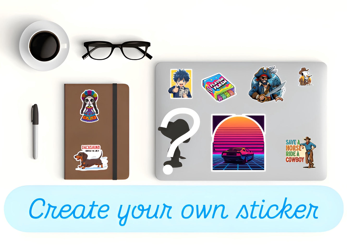 Notebook and laptop with various stickers on a white background, with text 'Create your own sticker'.