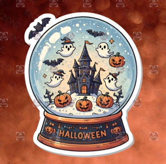 Transparent Halloween Snow Globe Sticker | Spooky Cute Ghost Decal | Haunted House Art | Pumpkin Bat Vinyl | Fall Decor Gift | Cute Witchy