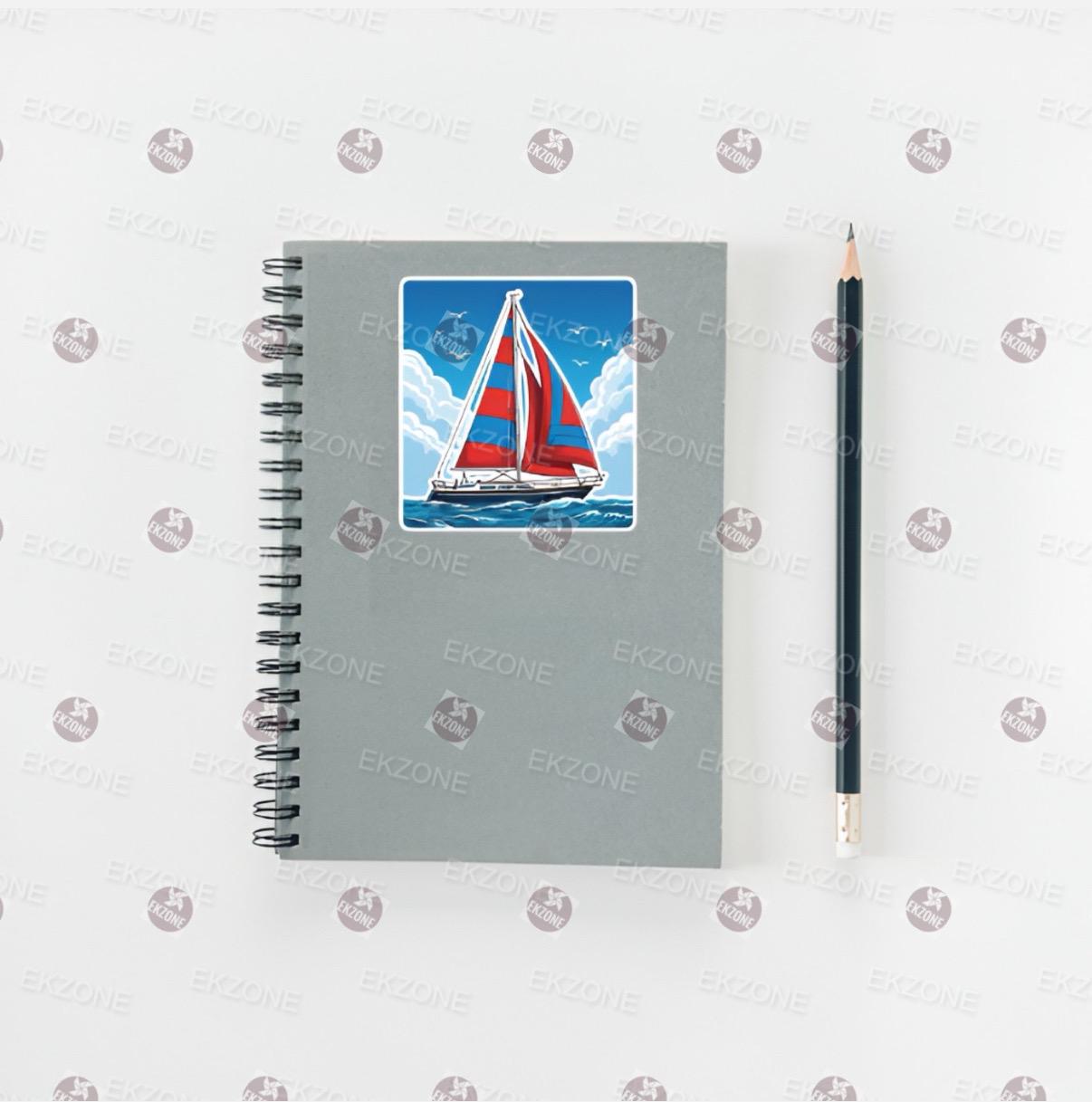 Notebook with sailboat illustration and a pencil on a white background