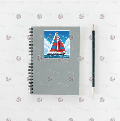 Notebook with sailboat illustration and a pencil on a white background