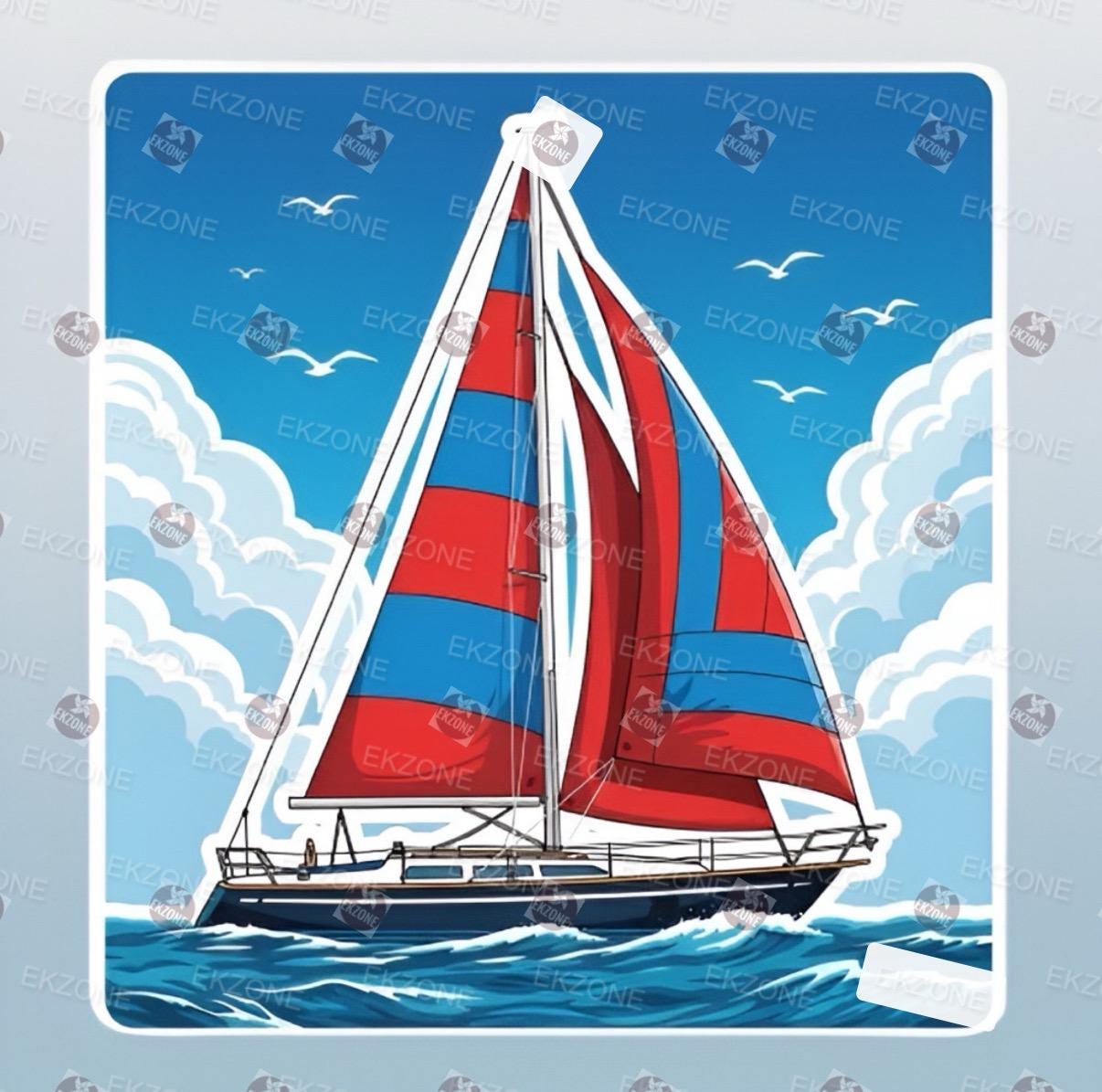 A flat, isolated vinyl sticker featuring a vibrant, colorful cartoon illustration of a classic sailboat cruising over ocean waves against a retro coastal background.