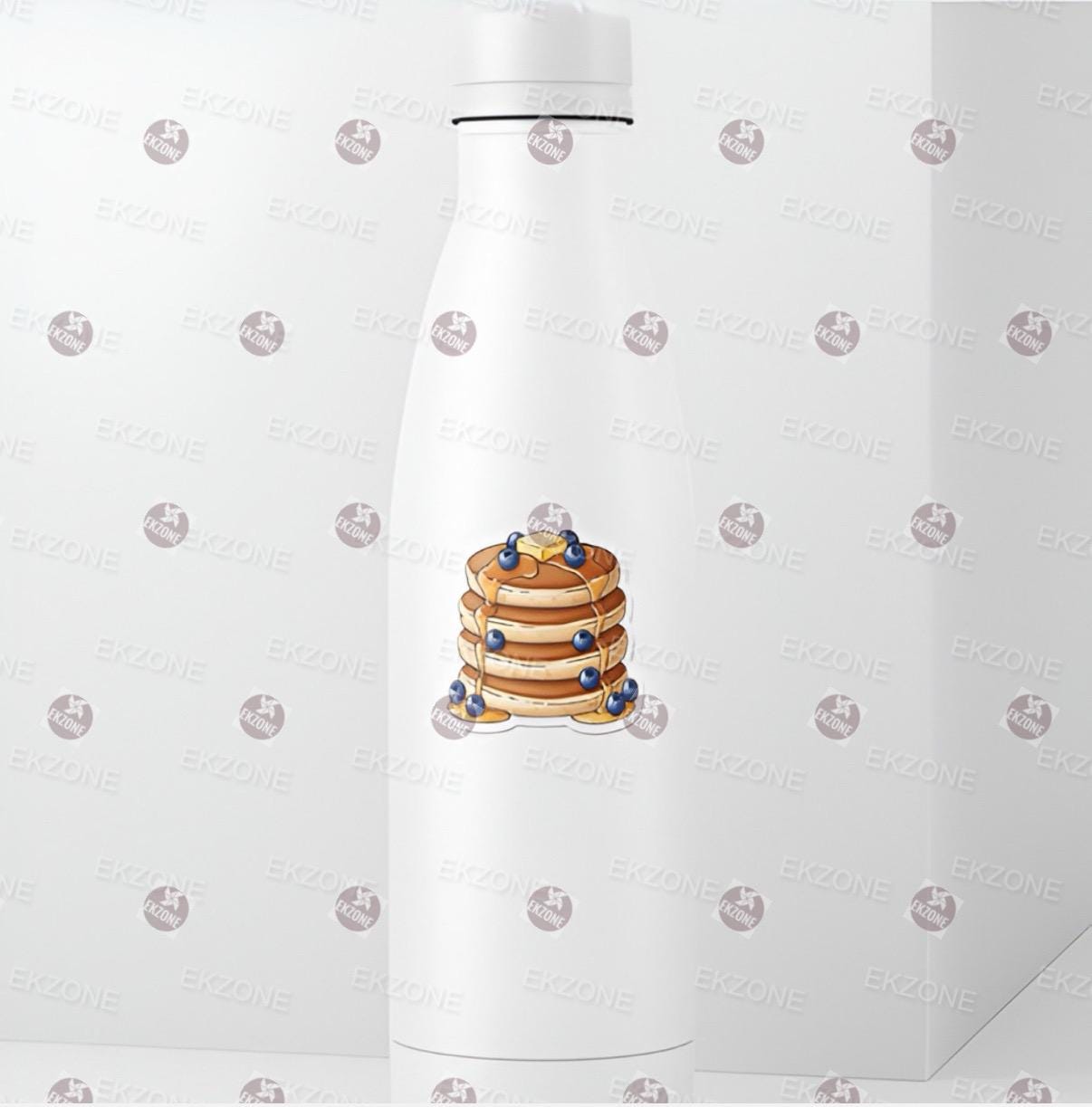 White water bottle with a stack of pancakes design on a white background