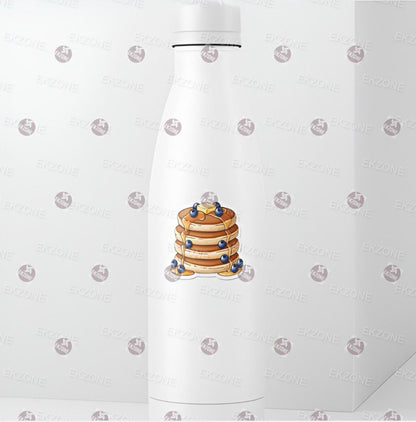 White water bottle with a stack of pancakes design on a white background