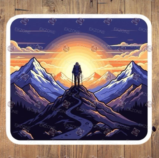 Mountain Hiker Sunset Sticker | Outdoorsy Adventure Decal | Nature Wanderlust Art | Summit Climb Vinyl | Motivational Hiker Gift |