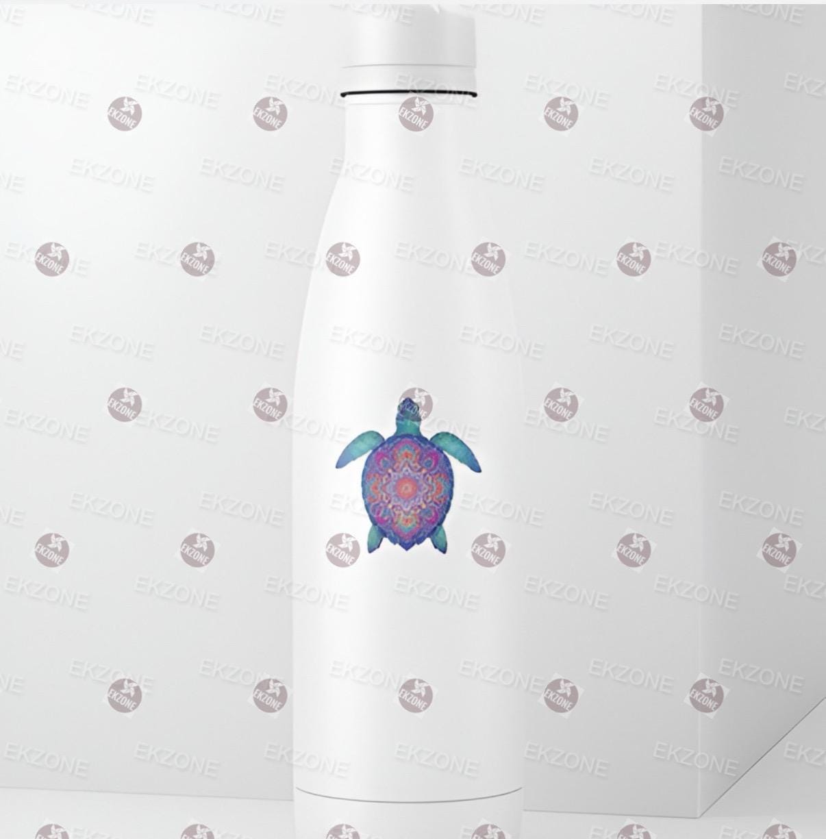 White water bottle with a colorful turtle design on a white background