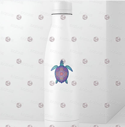 White water bottle with a colorful turtle design on a white background