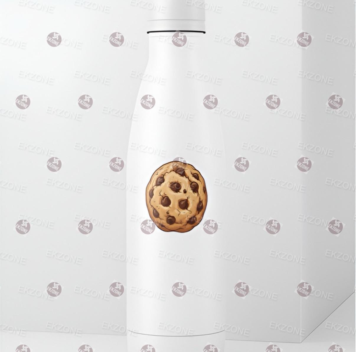 White bottle with a chocolate chip cookie design on a white background with small gray dots.