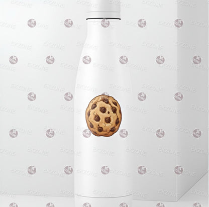 White bottle with a chocolate chip cookie design on a white background with small gray dots.