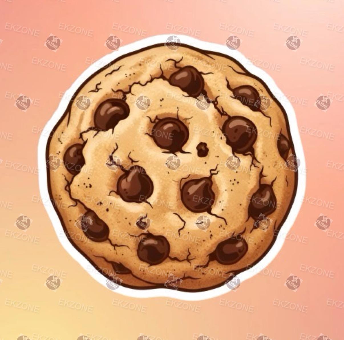 A flat, isolated vinyl sticker featuring a warm, detailed cartoon illustration of a classic chocolate chip cookie bursting with rich chocolate chunks.