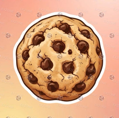 A flat, isolated vinyl sticker featuring a warm, detailed cartoon illustration of a classic chocolate chip cookie bursting with rich chocolate chunks.