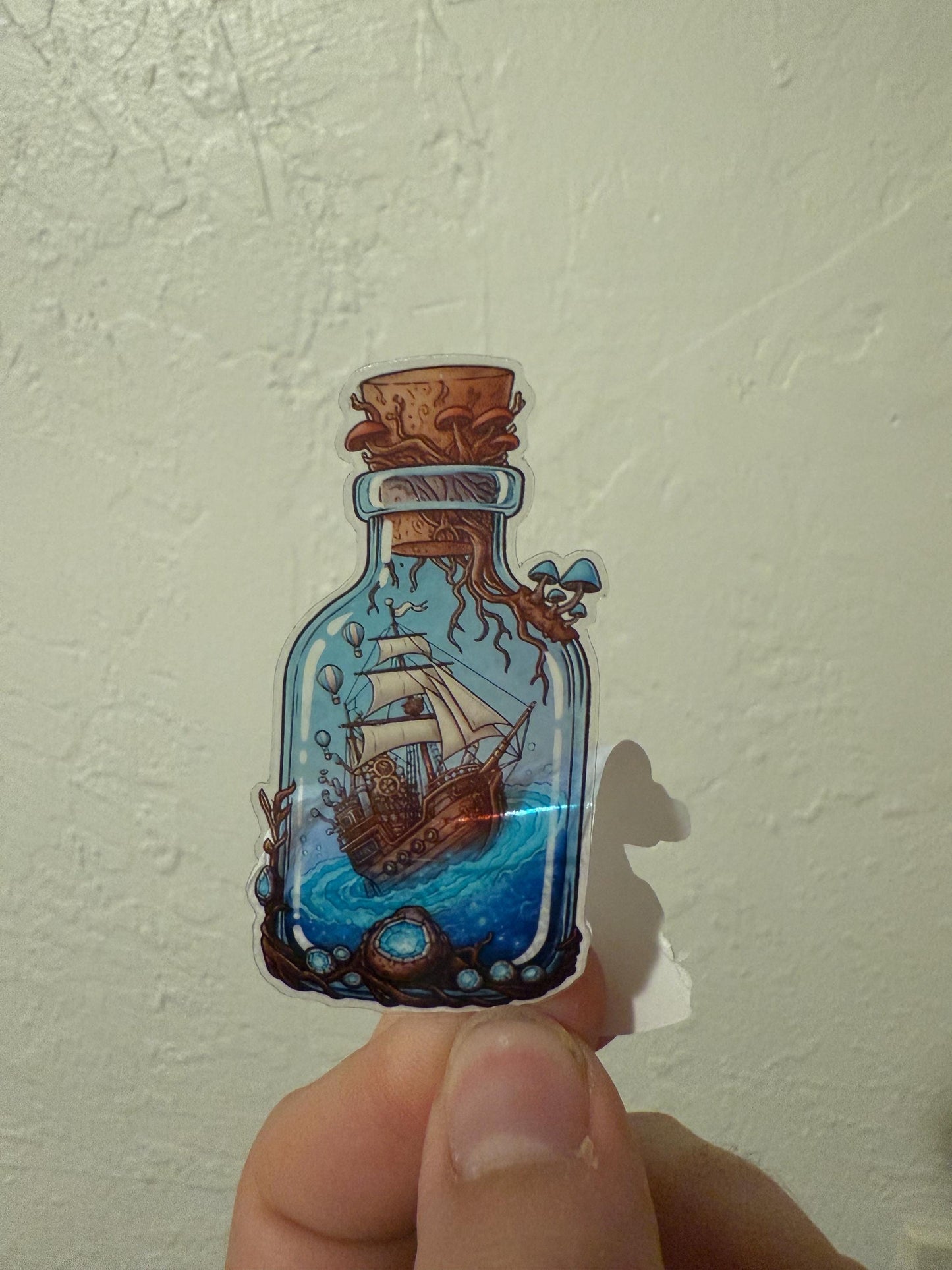 Transparent Steampunk Ship in Magic Bottle Sticker | Clear Vinyl Fantasy Nautical Decal | Whimsical Crystal Art | Adventure Ship Vinyl | Uni