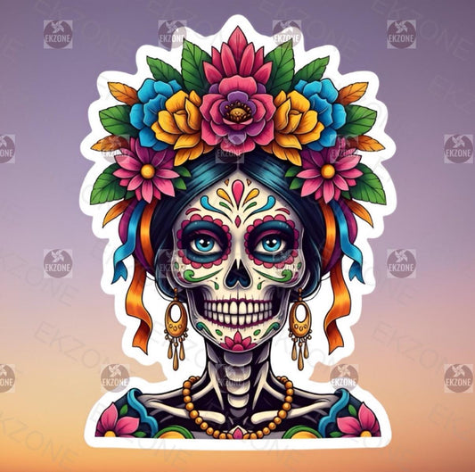 Sugar Skull Sticker | Día de los Muertos Decal | Calavera Art | Flower Crown Vinyl | Mexican Folk Art Gift | Colorful Day of Dead Laptop |