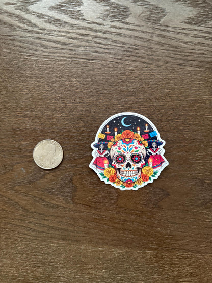 Día de los Muertos Sticker | Sugar Skull Calavera Art | Festive Skeletons Decal | Mexican Folk Art Vinyl | Day of the Dead Gift | Floral