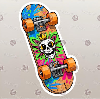 A flat, isolated vinyl sticker featuring an edgy graffiti pop art cartoon illustration of a skeleton skull wearing a crown and riding a skateboard.