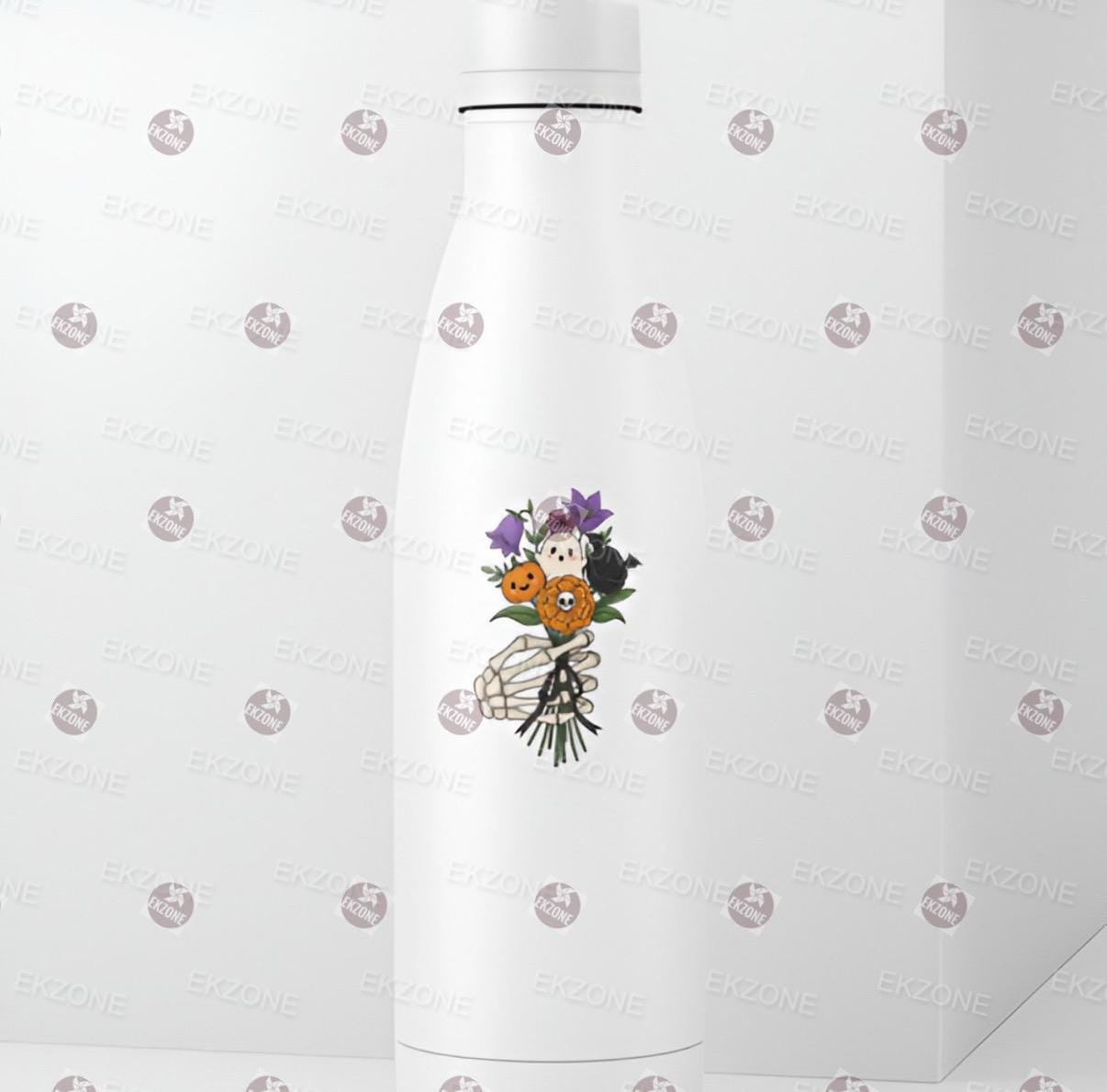 White water bottle with floral design and cat illustration on a white background