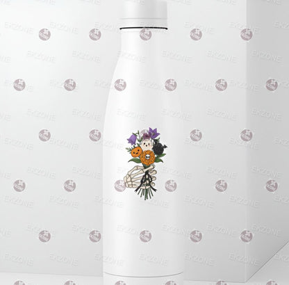White water bottle with floral design and cat illustration on a white background