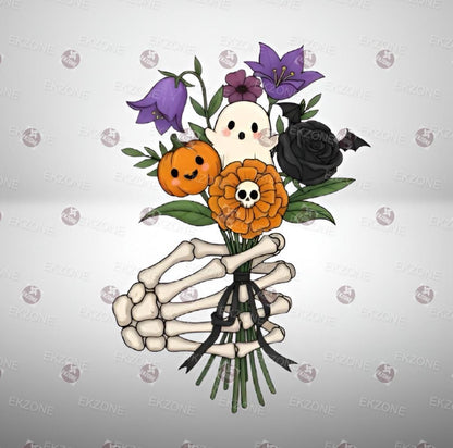 A flat, isolated vinyl sticker featuring a detailed, creepy cute illustration of a boney skeleton hand holding a beautiful bouquet of dark gothic wild flowers, roses, and botanical leaves.