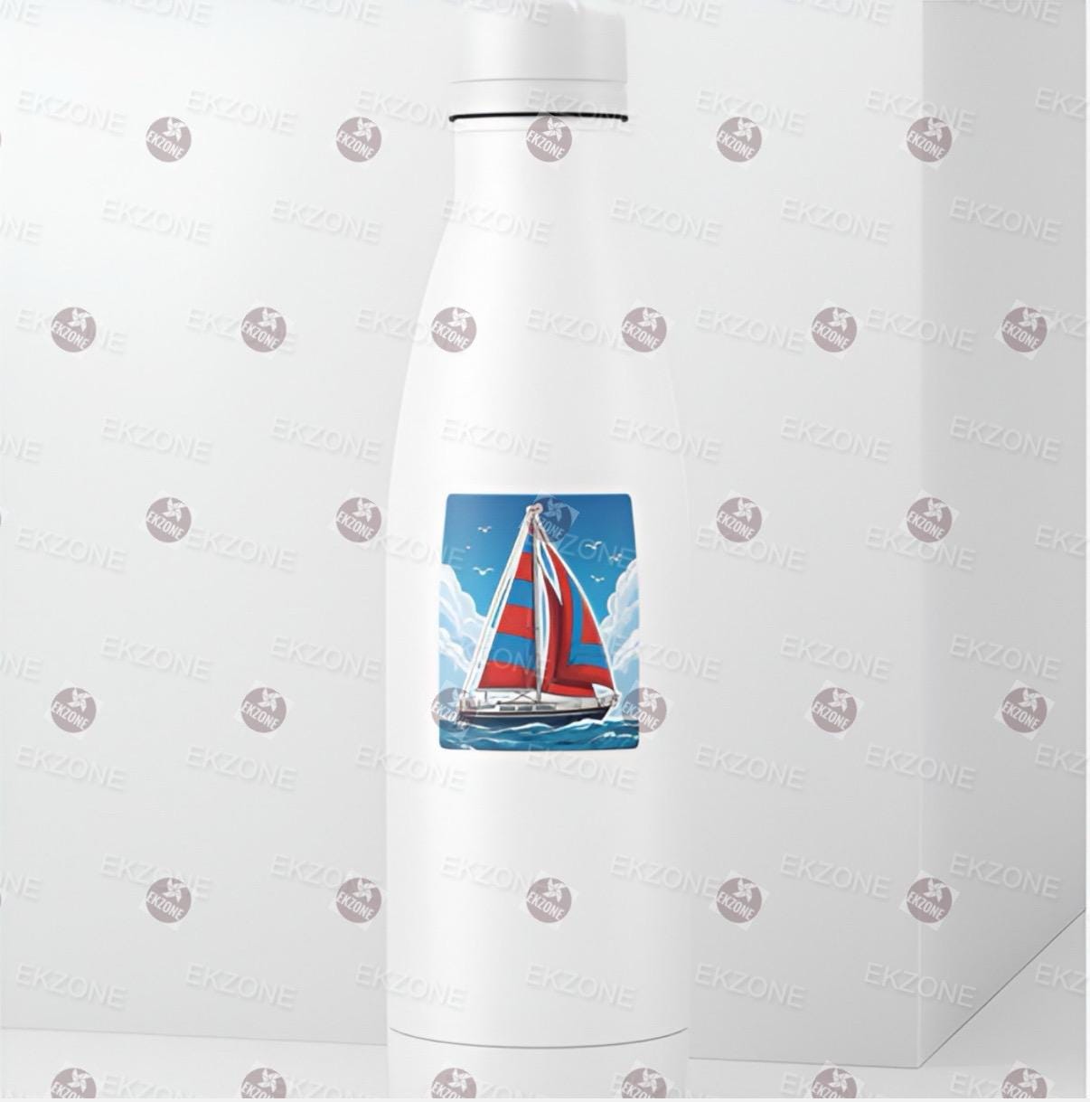 White bottle with a sailboat design on a white background