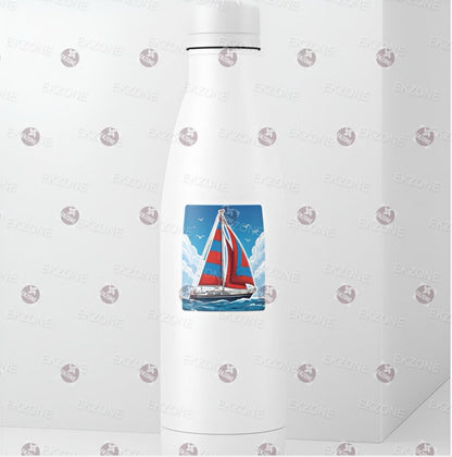 White bottle with a sailboat design on a white background