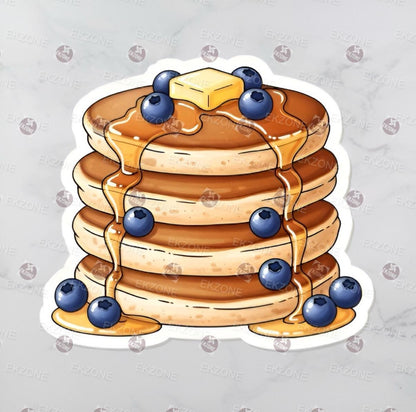 A flat, isolated vinyl sticker featuring a warm, detailed cartoon illustration of a tall stack of golden-brown breakfast pancakes topped with fresh blueberries, a pat of melting butter, and dripping maple syrup.