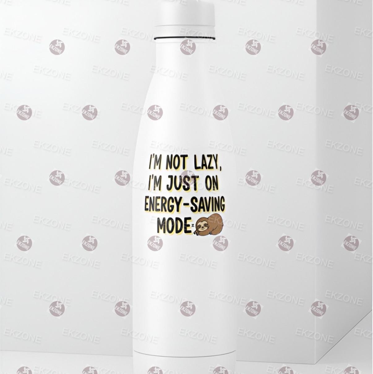 White water bottle with humorous text design on a white background