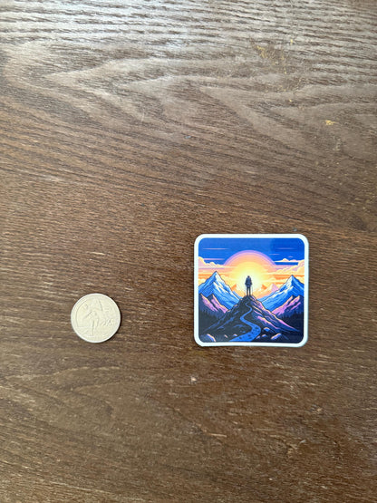 Mountain Hiker Sunset Sticker | Outdoorsy Adventure Decal | Nature Wanderlust Art | Summit Climb Vinyl | Motivational Hiker Gift |