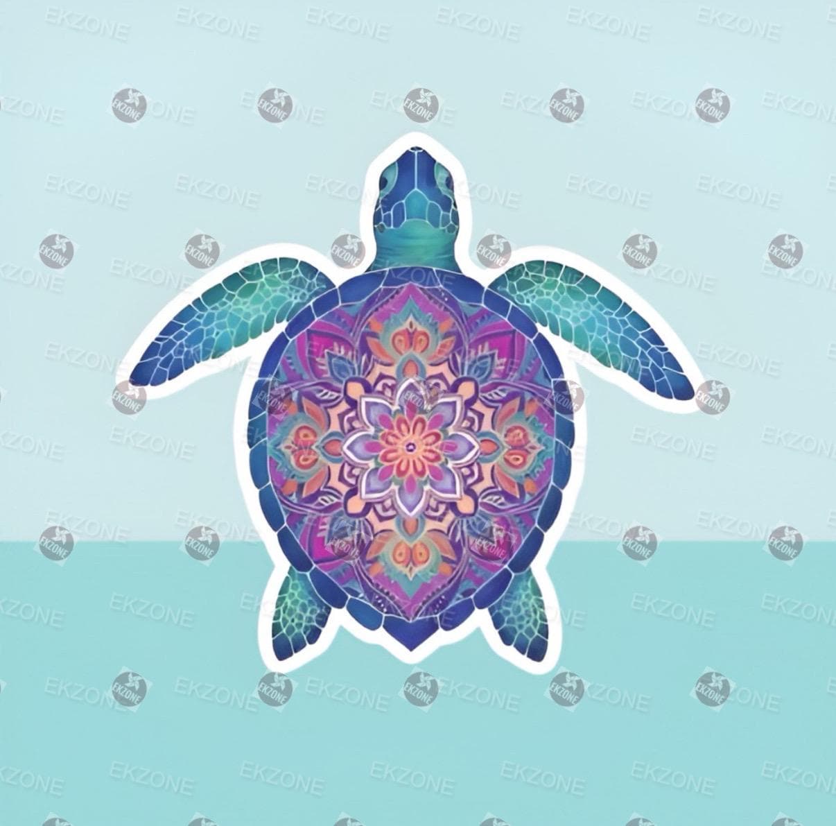 A flat, isolated vinyl sticker featuring a beautiful cartoon illustration of a sea turtle with its shell designed as an intricate, colorful geometric mandala pattern.