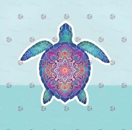 A flat, isolated vinyl sticker featuring a beautiful cartoon illustration of a sea turtle with its shell designed as an intricate, colorful geometric mandala pattern.