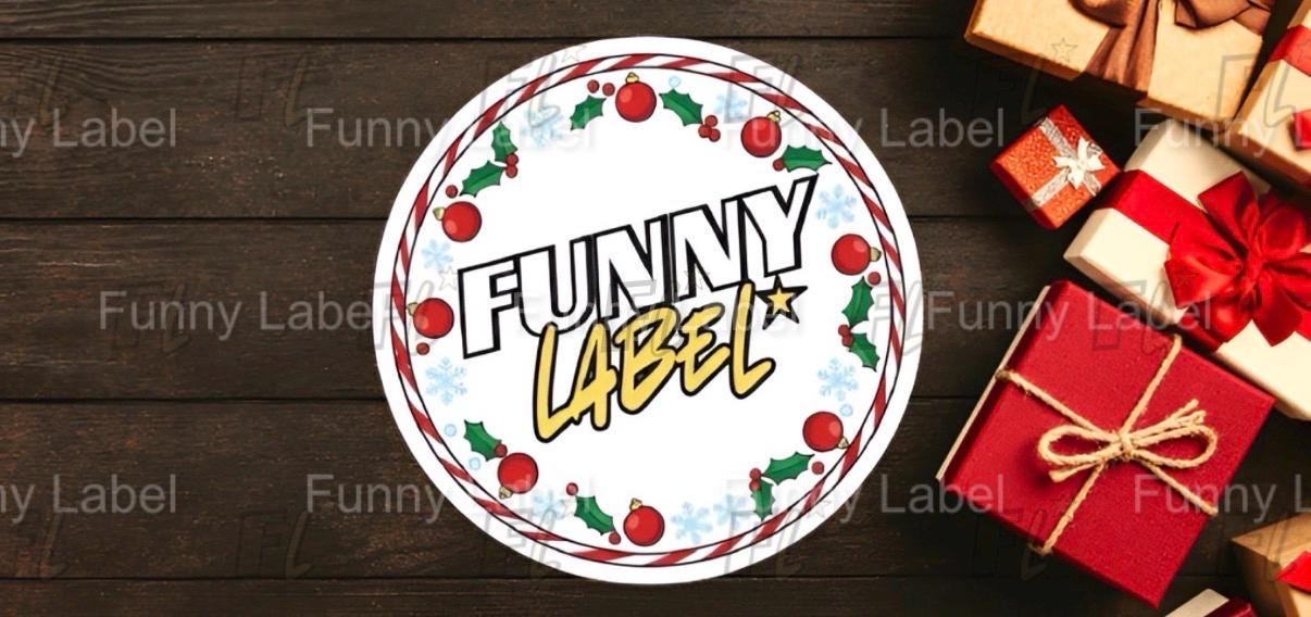 Round label with 'Funny Label' text on a wooden background with gift boxes.