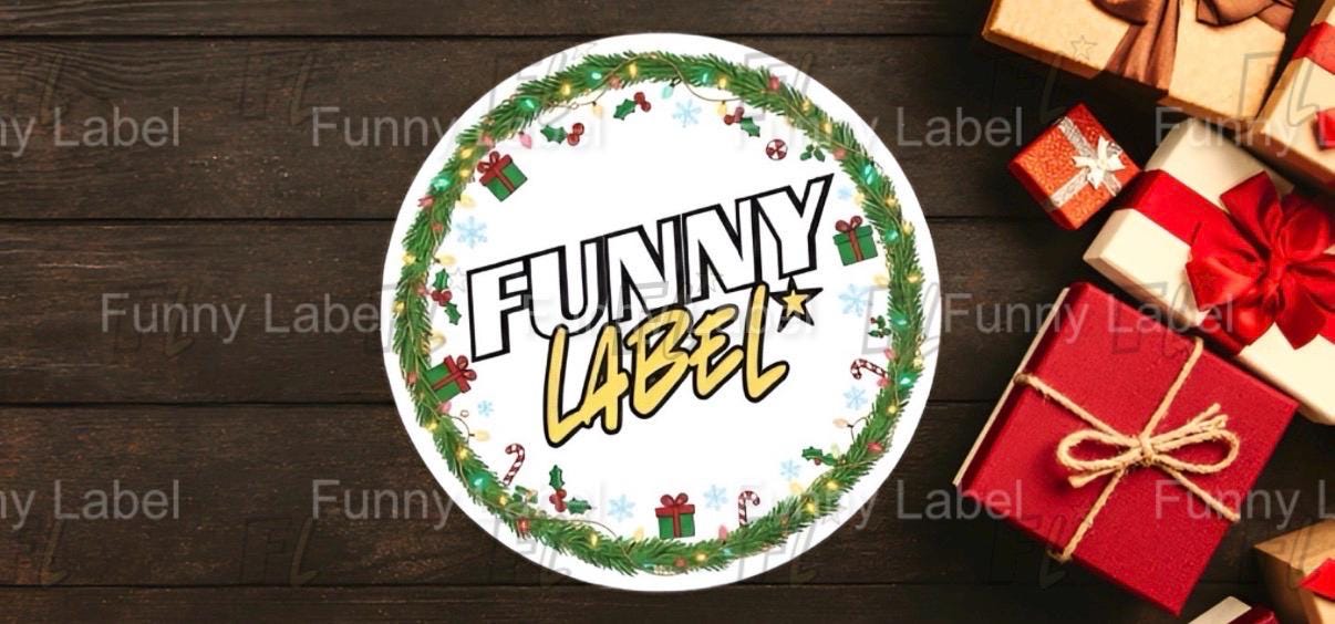 Round white label with 'FUNNY LABEL' text on a wooden surface with gift boxes.