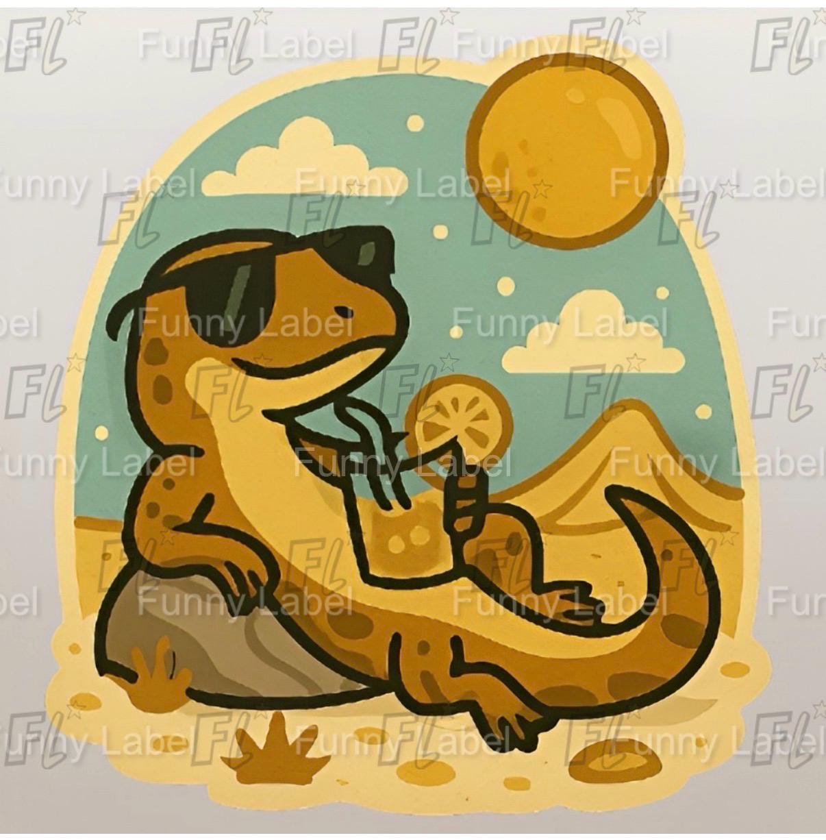 Cartoon lizard holding a lemon slice with a sun and cloud background