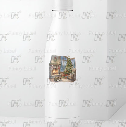 Cozy Fireplace Sticker - Christmas Tree & Cat Decal - Hygge Holiday Living Room - Warm Winter Scene - Waterproof Laptop Sticker