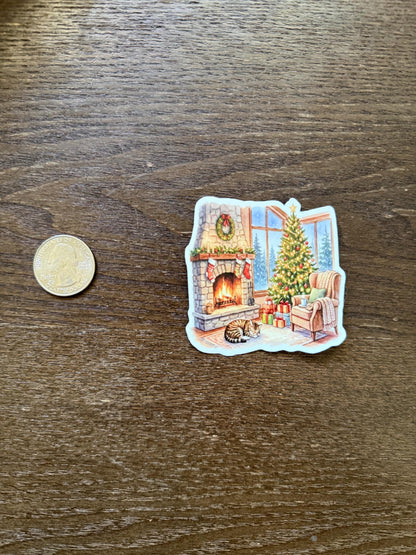 Cozy Fireplace Sticker - Christmas Tree & Cat Decal - Hygge Holiday Living Room - Warm Winter Scene - Waterproof Laptop Sticker
