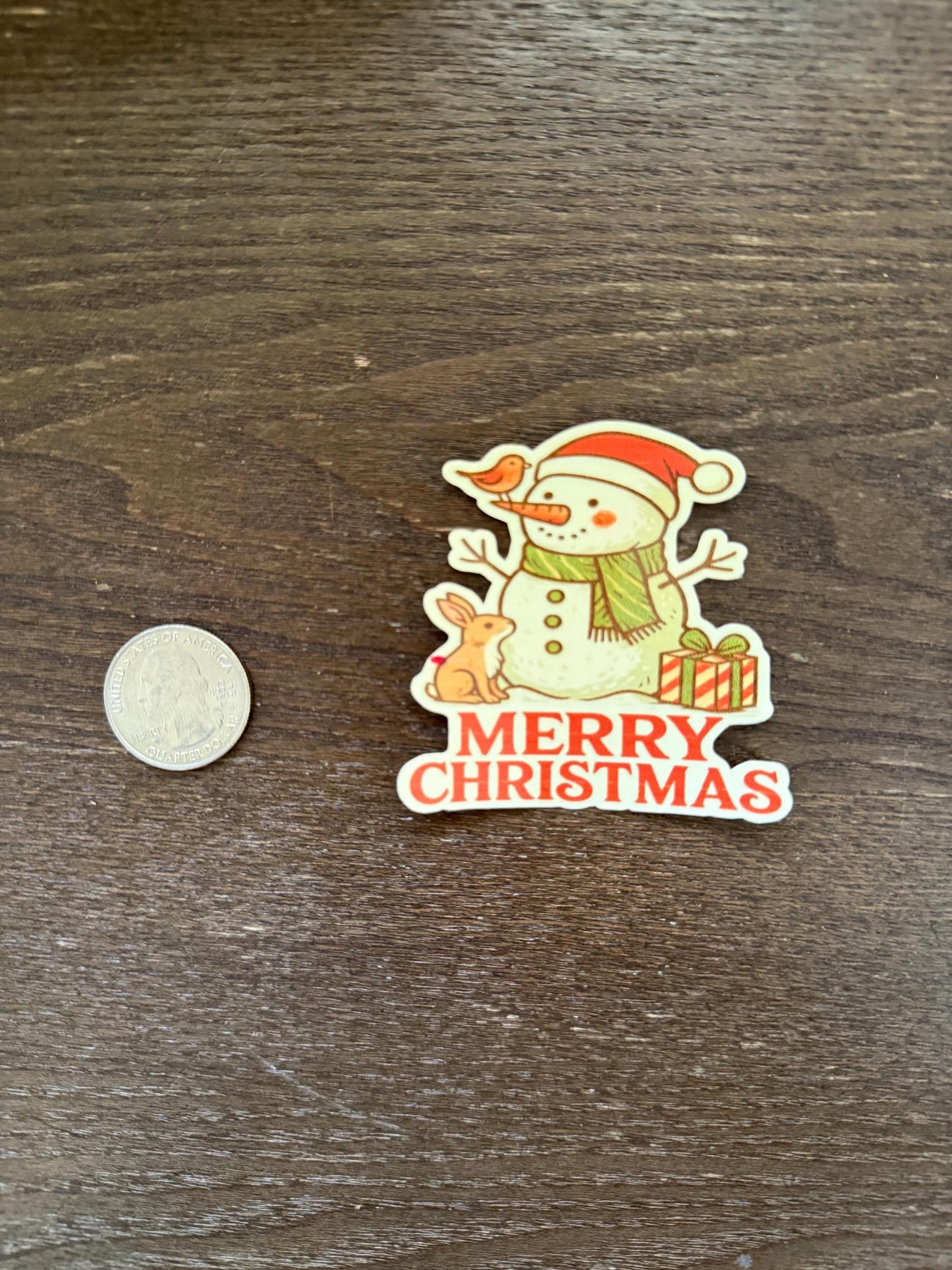 Merry Christmas Snowman Sticker - Cute Woodland Animal Decal - Rabbit & Bird Holiday Gift - Traditional Winter Laptop Sticker