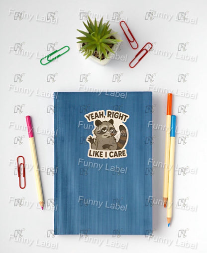 Sarcastic Raccoon Sticker - Yeah Right Like I Care Decal - Funny Trash Panda Gift - Sassy Laptop Sticker