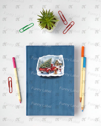 Vintage Red Truck Sticker - Golden Retriever Christmas Decal - Farmhouse Holiday Gift - Christmas Tree Truck - Dog Lover Laptop Sticker