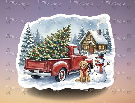 Red truck with Christmas tree, dog, and snowman in a snowy scene with a cabin.