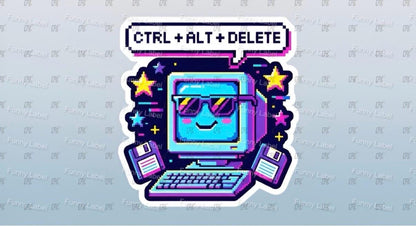 A flat, isolated vinyl sticker featuring a colorful 90s retro desktop computer illustration in a stylized pixel art design, displaying a glowing pink and teal vaporwave system error box that reads "Ctrl + Alt + Delete".