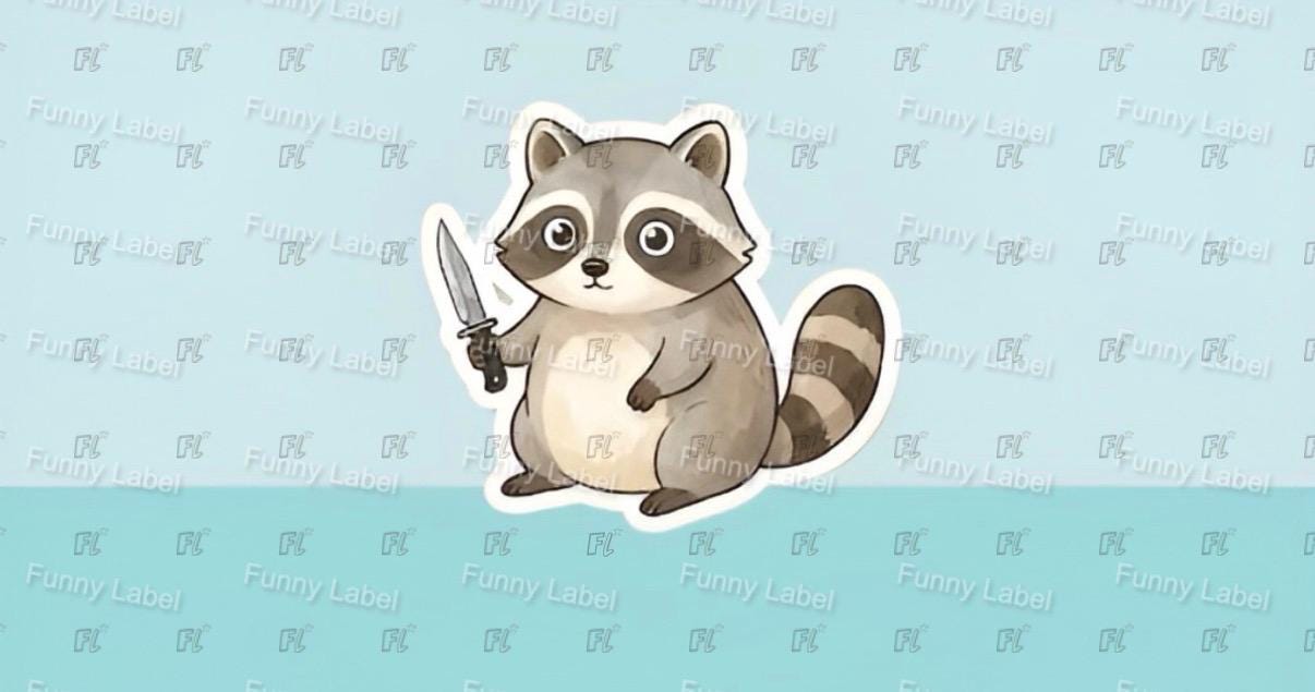 A flat, isolated vinyl sticker featuring a hilarious cartoon illustration of a wide-eyed, mischievous raccoon standing on its hind legs while brandishing a tiny pocket knife under the bold text "Cute But Deadly".