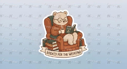 Cartoon bear reading a book with 'Booked for the Weekend' text on a light blue background