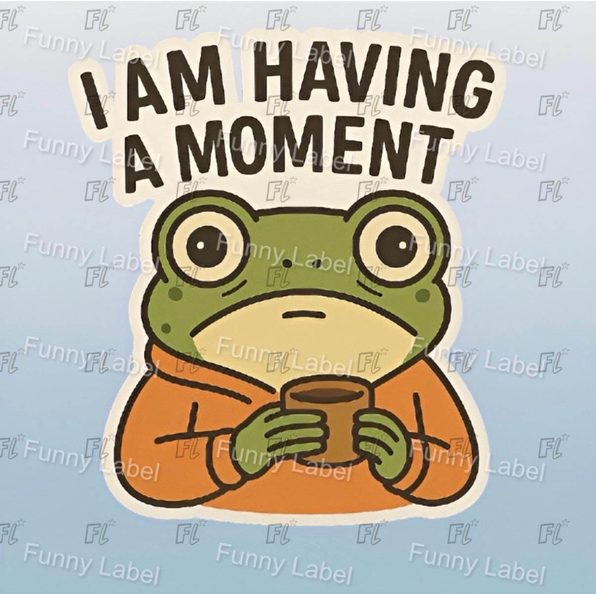 Cartoon frog holding a mug with 'I AM HAVING A MOMENT' text on a light blue background.