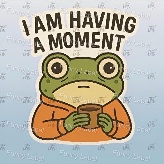 Cartoon frog holding a mug with 'I AM HAVING A MOMENT' text on a light blue background.