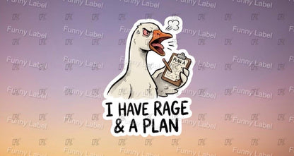 Sticker of a goose holding a sign with text on a gradient background with 'Funny Label' branding.