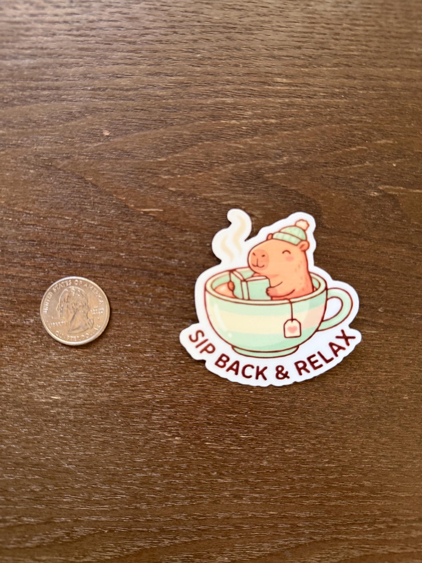 Cute Capybara Sticker - Sip Back and Relax Decal - Funny Tea Lover Gift - Bookish Laptop Sticker - Waterproof Hydroflask Vinyl