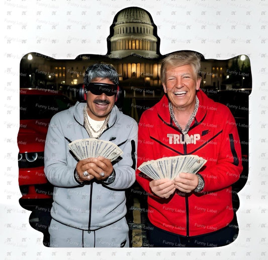 Nicholas Maduro and Donald Trump holding money with a blurred Capitol building in the background