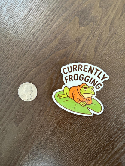 Currently Frogging Sticker - Funny Knitting and Crochet Pun - Rip It Ribbit - Fiber Arts Gift - Cute Frog in Hoodie Decal